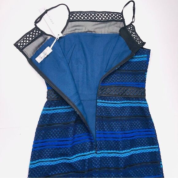 Adelyn Rae Blue Black Lace Illusion Dress Size (M), Fine Crochet Ruffle NWT - Picture 11 of 14